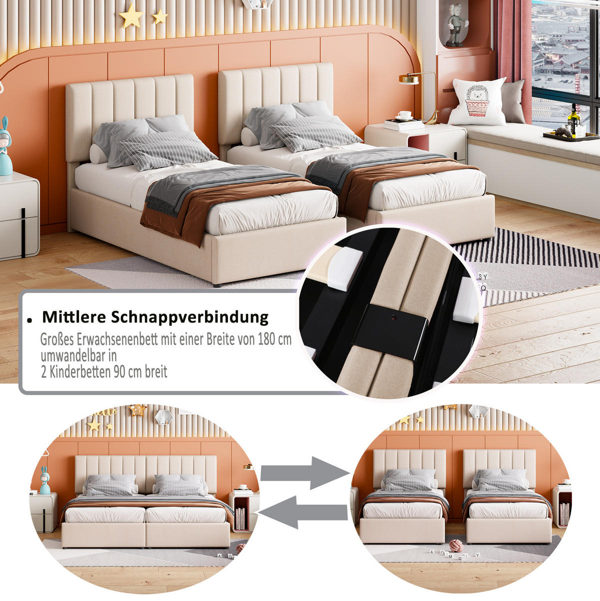 POLSTERBETT 180/200 cm aus Leinen mit Stauraum, Beige - Beige, Textil (180/200cm) - OKMYHOME