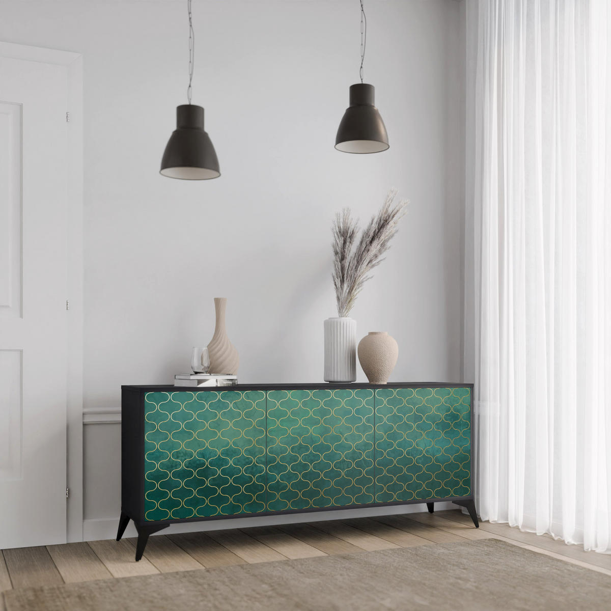 SIDEBOARD TESSELATED GREENERY, Eicheneffekt, 164,5x42x77,5 cm, 3 Türen - Eichefarben/Buchefarben, Holzwerkstoff/Buchenholz (164.5/77.5/42cm) - SpaceRebels