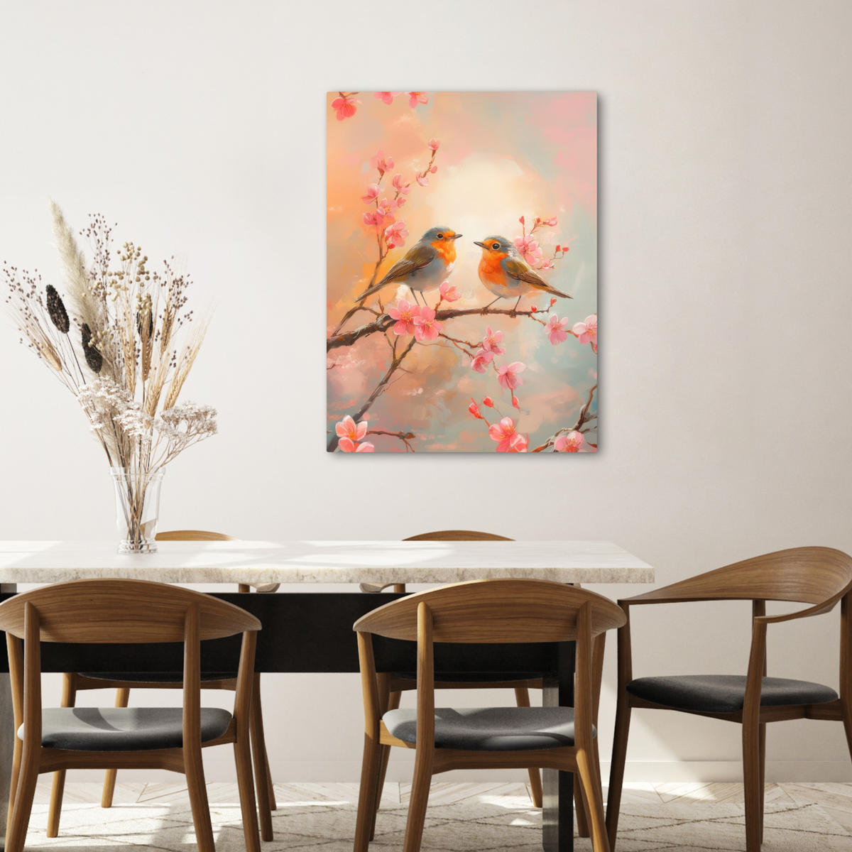 LEINWANDBILD Rotkehlchen - Zierpflanze - Blütenzweig 60x80 cm - Hellrosa, Textil (60/80cm) - MuchoWow
