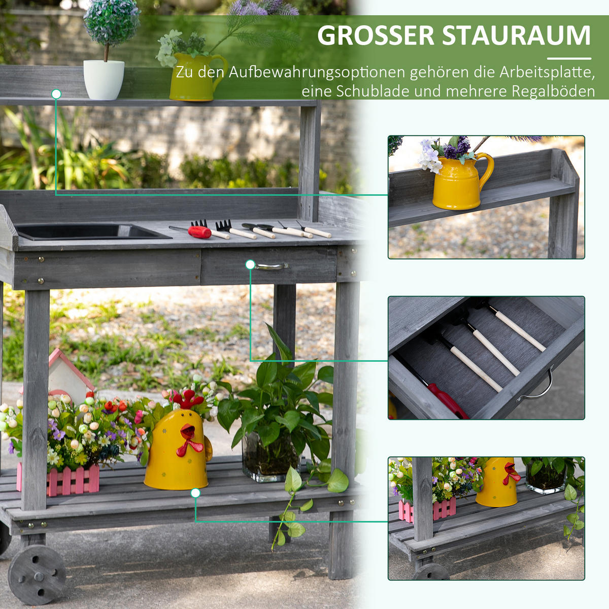 PFLANZTISCH mit Schublade, Gärtnertisch mit Waschbecken und Rollen, Tannenholz, Grau - Grau, Holz (92/45/119cm) - Outsunny