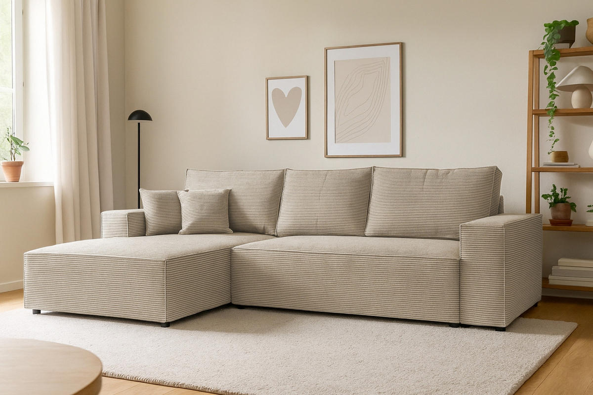ECKSOFA MARCO 294/185 in Cord Beige mit Schlaffunktion links - Beige, Holz/Holzwerkstoff (294/185cm) - Deine Möbel 24