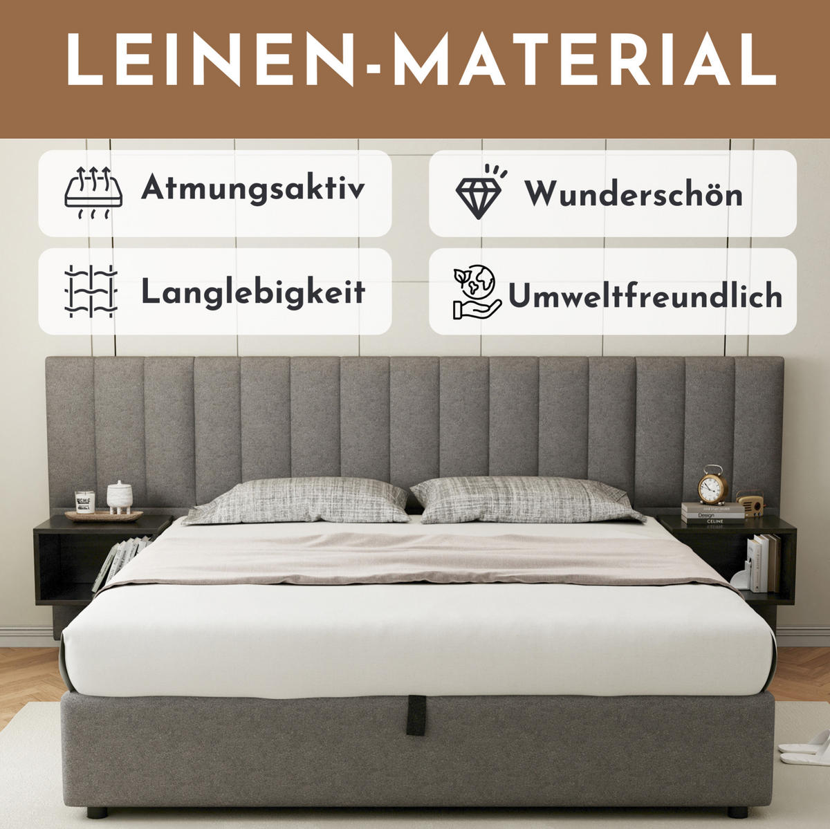 POLSTERBETT 180/200 cm mit hydraulischem Stauraum, 2 Nachttischen und Holzlattenrost aus Leinen, Grau/Schwarz - Grau, Textil (180/200cm) - Redom