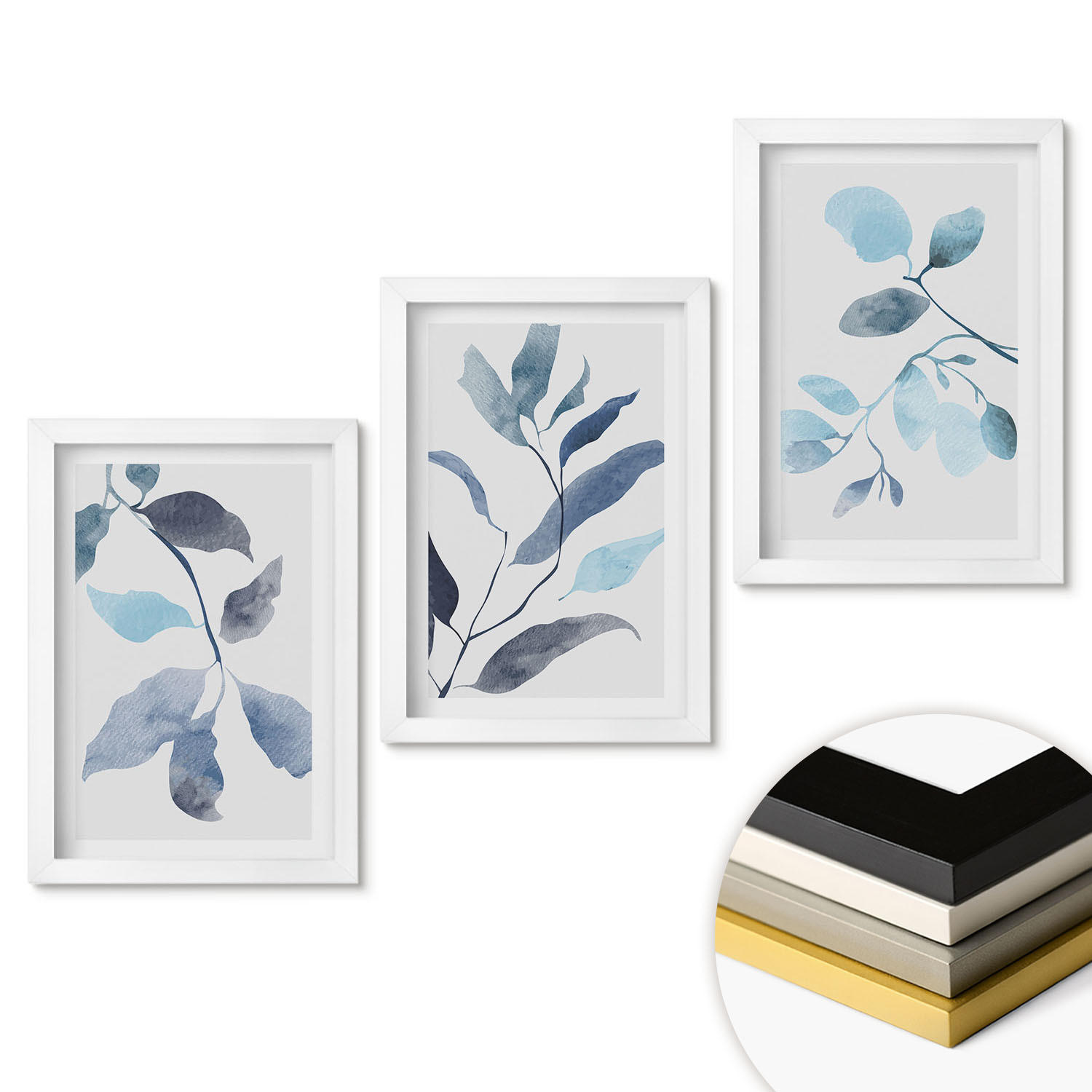 WANDBILDER 3er-Set - 20x30 cm Weißer Rahmen - Aquarell von blauen Blättern - Weiß, Kunststoff (20/30cm) - ArtPrintCave