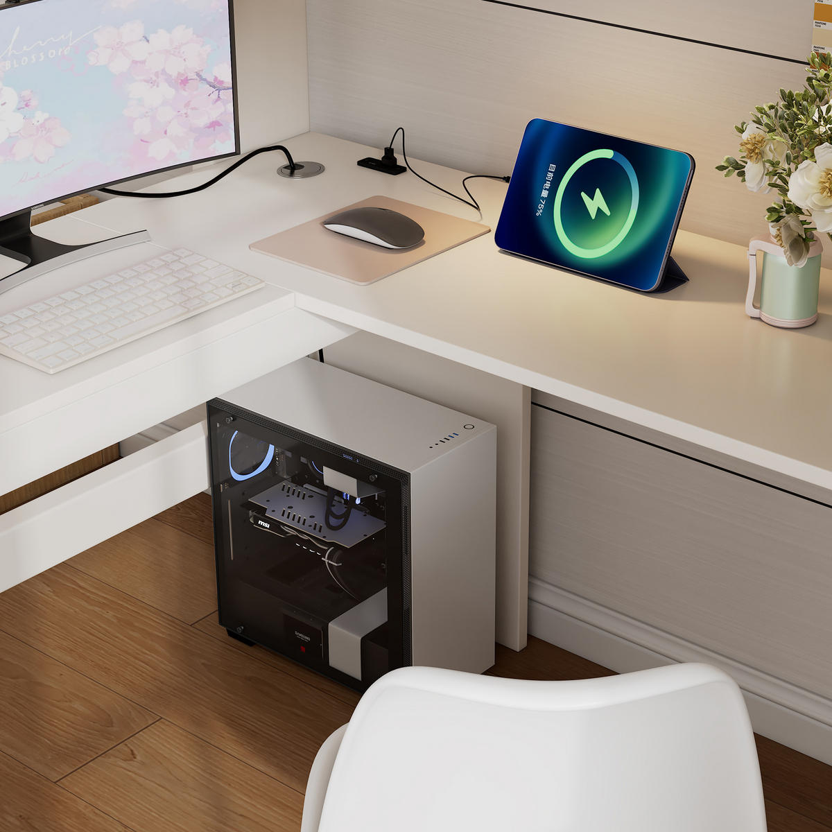 HOCHBETT 90/200 cm Weiß mit L-förmigem Schreibtisch und USB- und Type-C-Anschlüssen - Weiß, Holzwerkstoff (90/200cm) - OKWISH