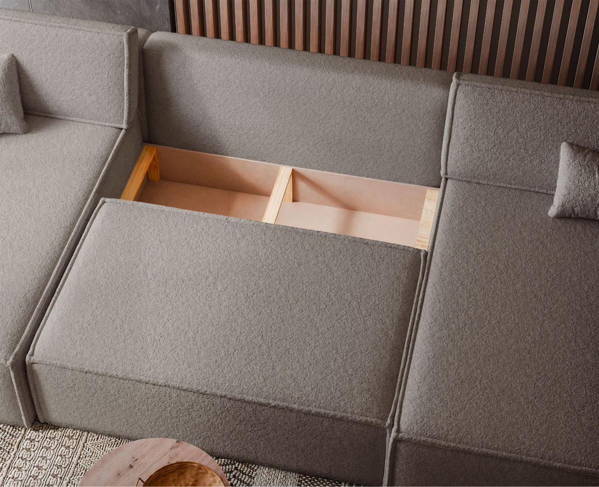 WOHNLANDSCHAFT Scarlo Hellbraun Bouclé-Bezug - Hellbraun/Schwarz, Kunststoff/Textil (312/83/145cm) - Selsey