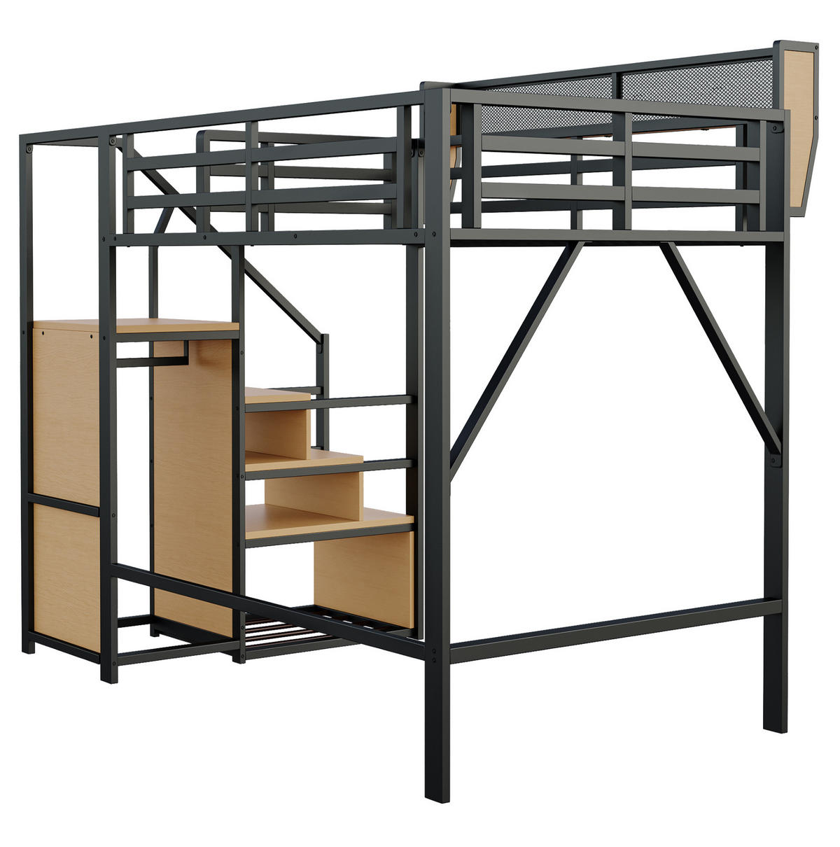 HOCHBETT 140/200 cm aus Metall mit Sicherheitsleiter und flexiblem Regal, Schwarz - Schwarz, Metall (140/200cm) - Redom
