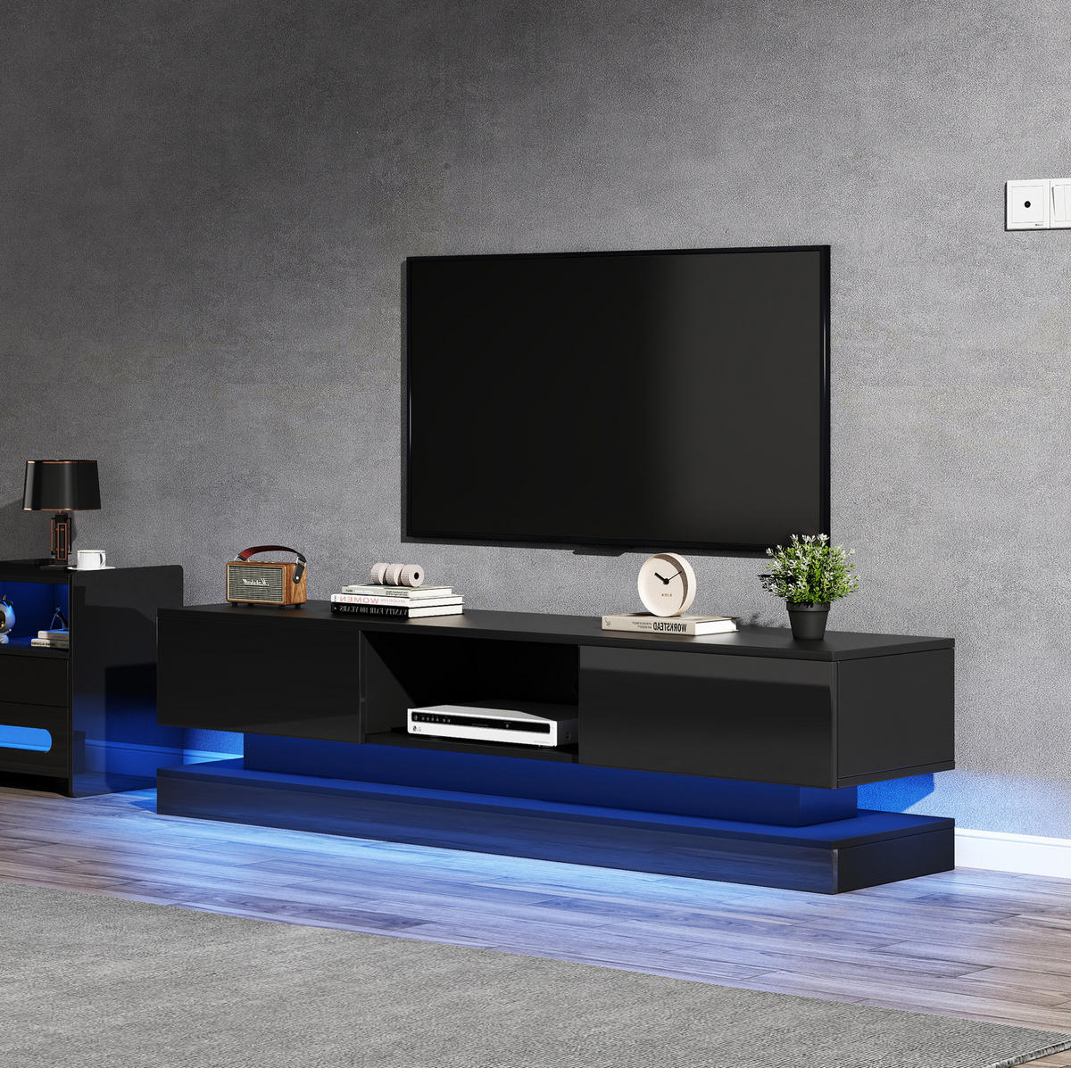 TV-LOWBOARD mit LED 160 x 35 x 40,5 cm Schwarz Hochglanz - Schwarz, Holzwerkstoff (35/40.5/160cm) - Beauniv