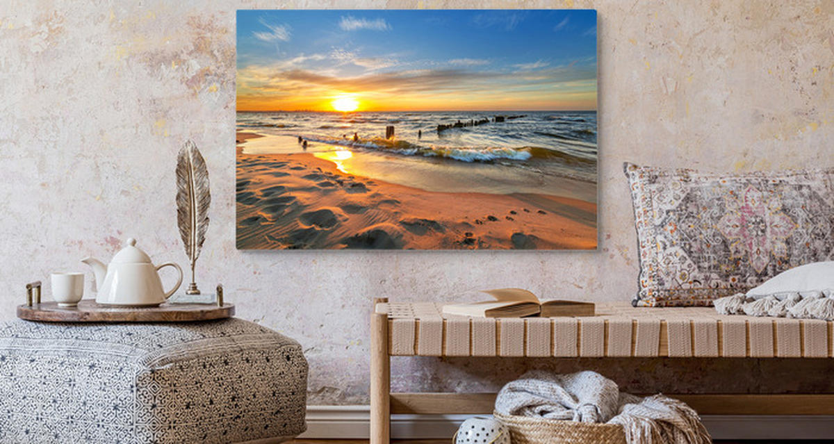 LEINWANDBILD Sonnenuntergang Strand Meer Landschaft 3D 120/80 cm - Blau/Beige, Textil (120/80cm) - Muralo