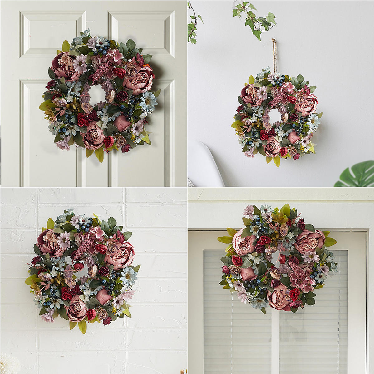 KUNSTBLUME Pfingstrosen 35cm Türkranz mit künstlichen für Hochzeit und Dekoration aus Stoff Hochwertige Verarbeitung - Rot, Kunststoff (20cm) - Livingandhome