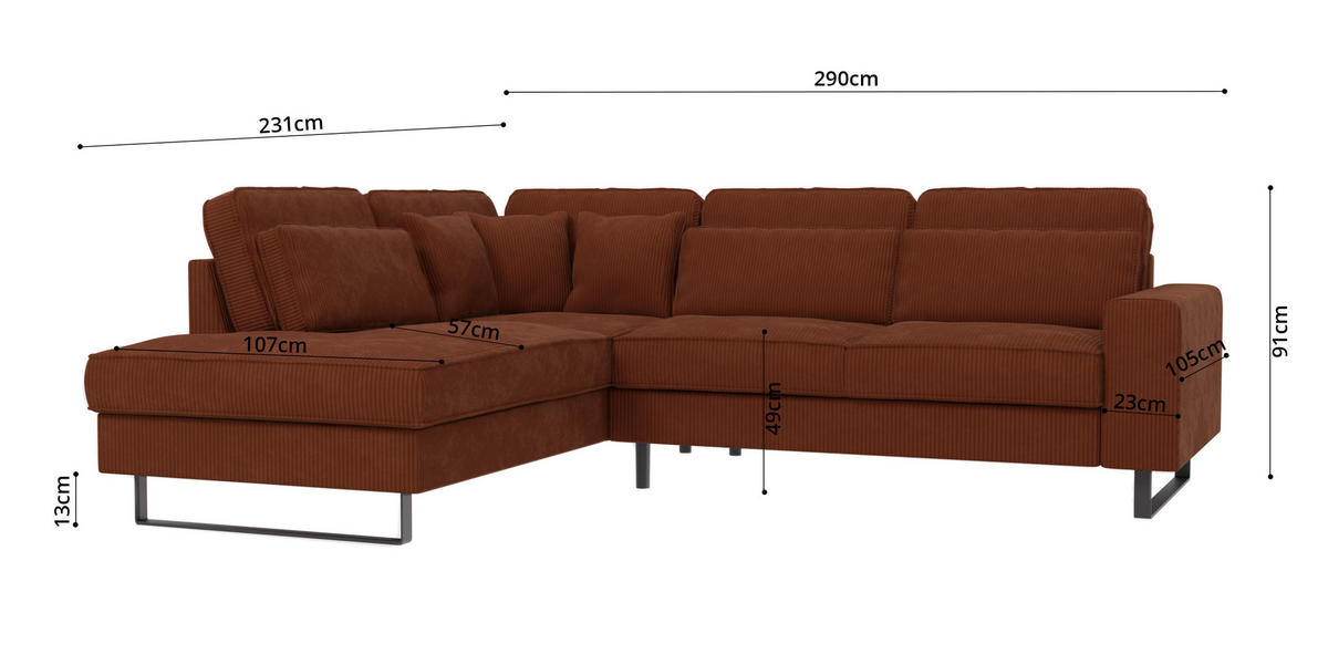 ECKSOFA Floe Terrakotta Cord - Terra cotta/Schwarz, Holz/Kunststoff (290/231cm) - S-Style Möbel