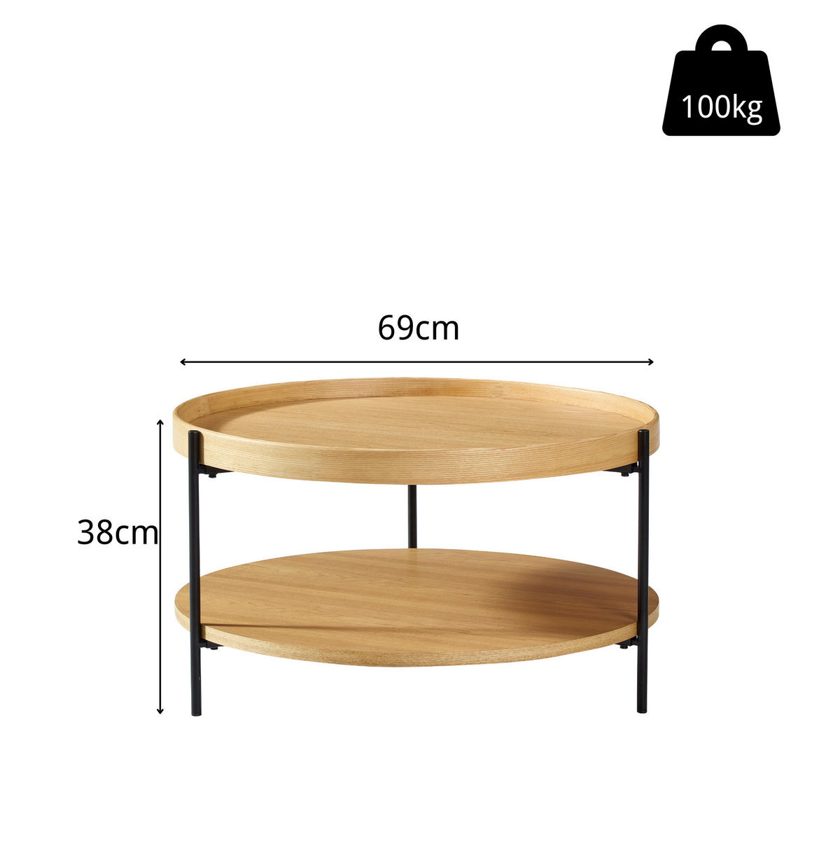 COUCHTISCH 69/69/38 cm mit 2 Ebenen und stabilem Metallgestell, modernes Design, Natur - Naturfarben, Holzwerkstoff (69/69/38cm) - Redom
