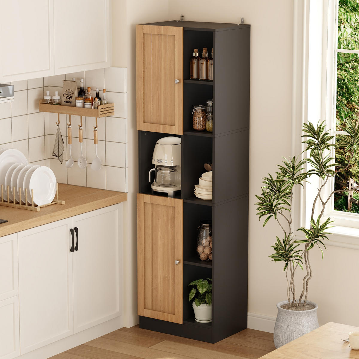 KÜCHENSCHRANK, 50/170/35,5 cm, MDF, Anthrazit-Eiche, mit 6 offenen Regalen und 2 Türen, für Esszimmer - Schwarz, Holzwerkstoff (35.5/170/50cm) - Rolipo