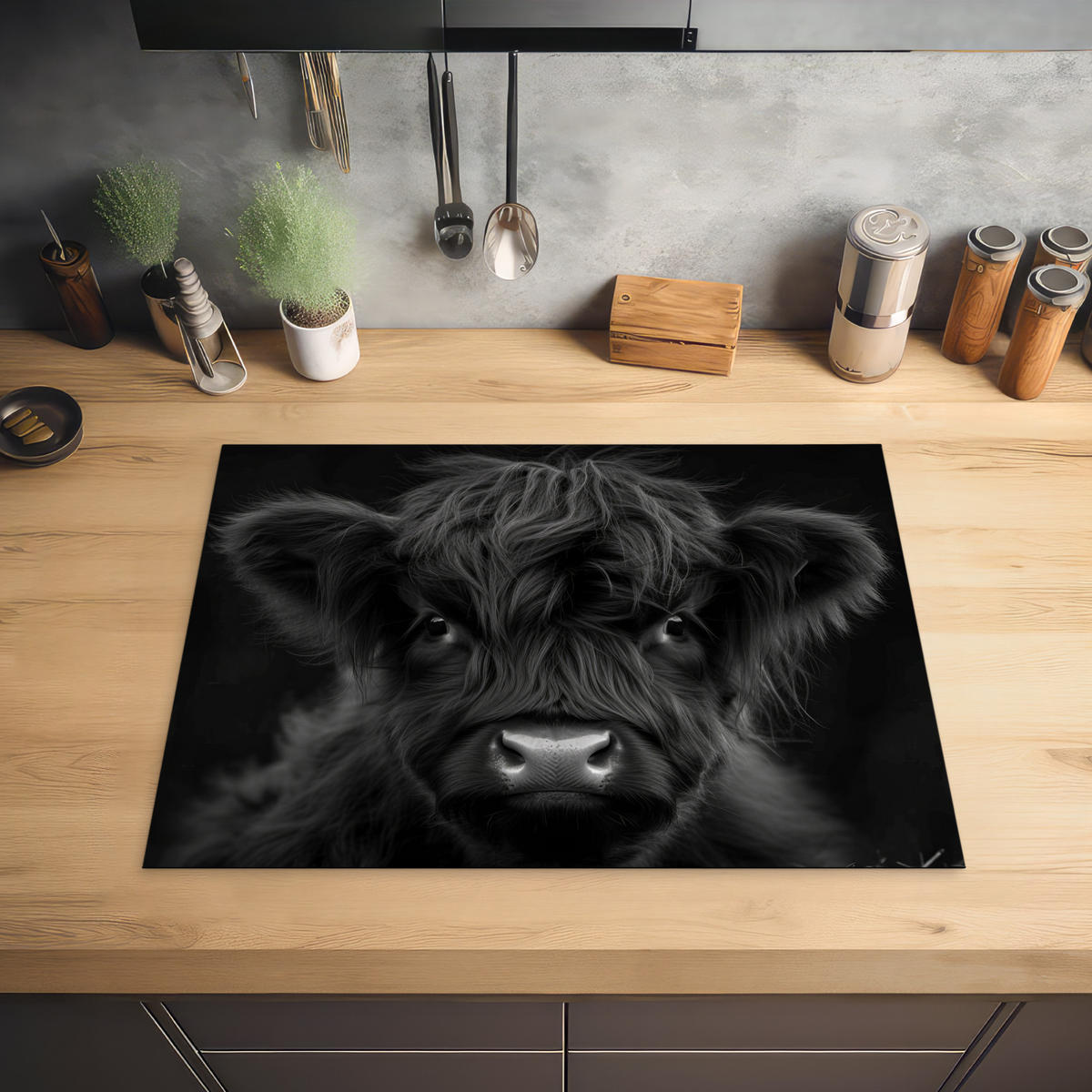 HERDABDECKPLATTE Scottish Highlander - Schwarz - Kalb - Kuh Herdabdeckung Induktionsfeld 70x52 cm - Schwarz, Kunststoff (70/52/0.2cm) - MuchoWow