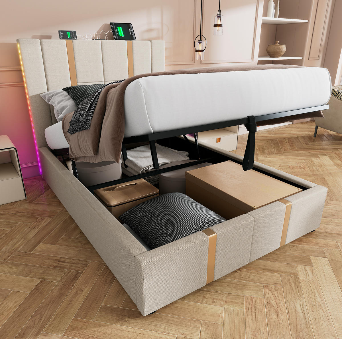 POLSTERBETT 90/200 cm Beige mit Stauraum, LED-Beleuchtung und USB-/Type-C-Anschlüssen - Beige, Textil (90/200cm) - Flora Grace