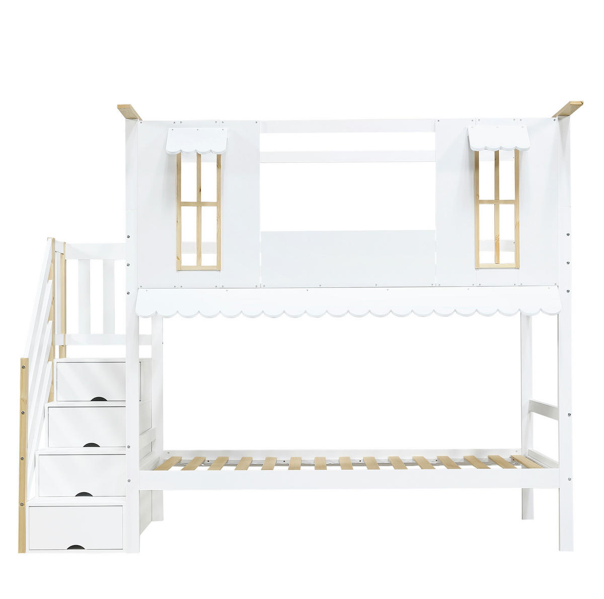 ETAGENBETT 90/200 cm mit Aufbewahrungstreppe, Fenstern und Dachkante aus Kiefernholz/MDF, Weiß/Natur - Weiß, Holz (90/200cm) - Redom