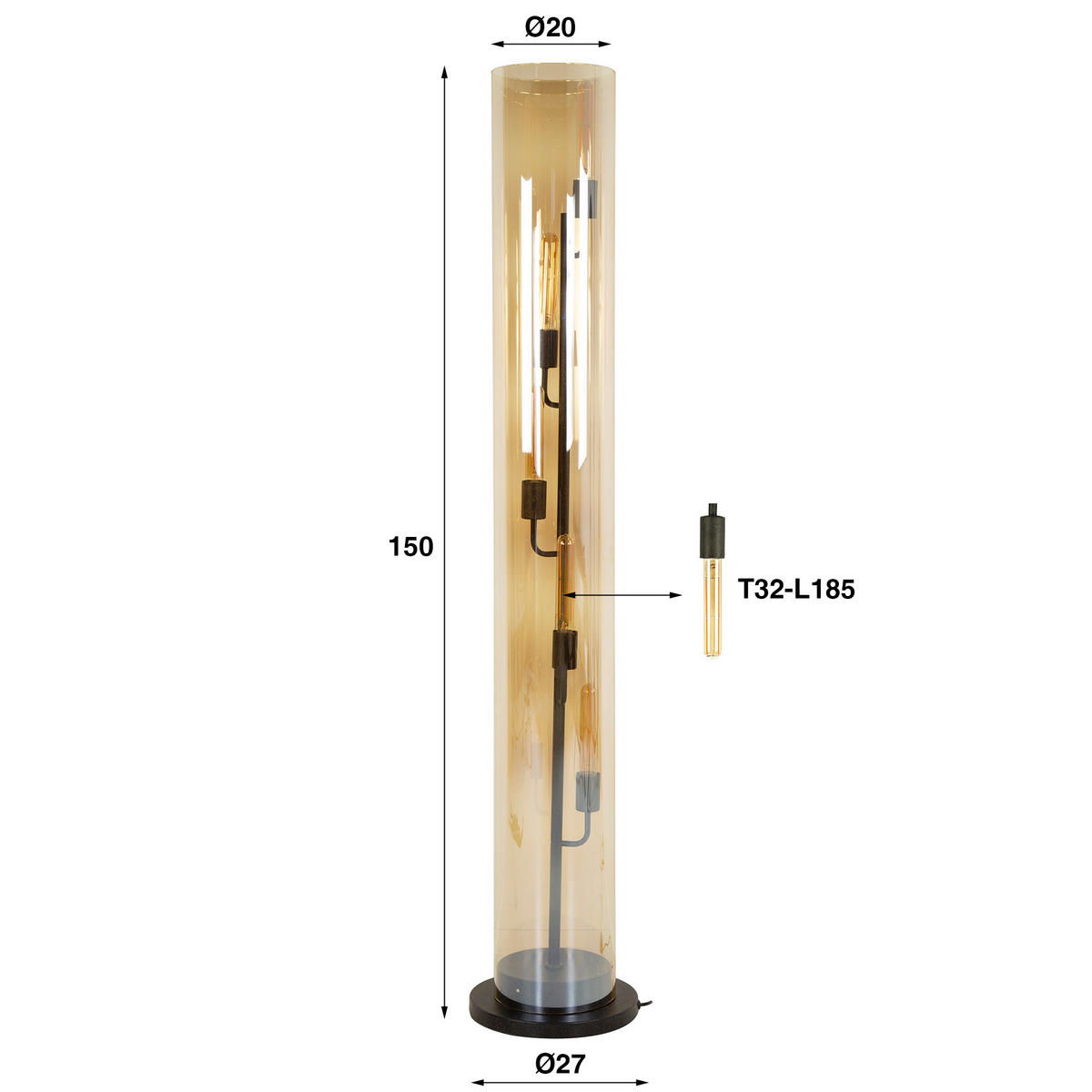 STEHLEUCHTE Tube Schwarz 20/20/ 153 cm - Schwarz, Glas (20/20/153cm) - Hoyz Collection