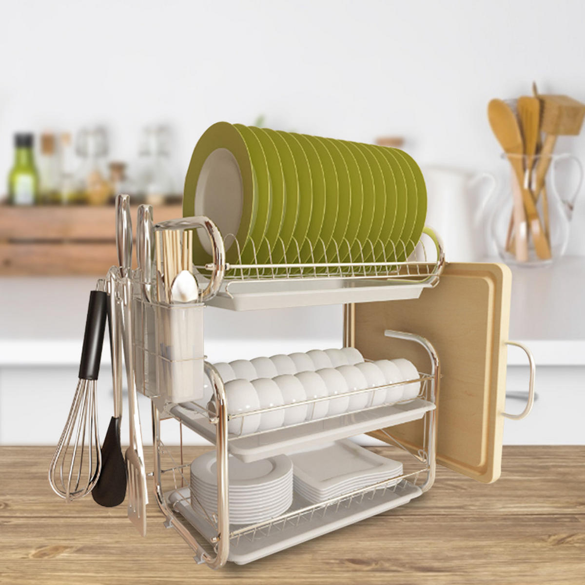 ABTROPFGESTELL Eisen weiß dreistöckig Tellerständer 9-förmiger multifunktionaler Aufbewahrungsständer Schneidebrett 40/25/44 cm - Grün, Metall (30/44/40cm) - Livingandhome