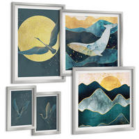 BILDER SET 5er Set - 50x50 cm & 20x30 cm & 40x60 cm Silberner Rahmen - Vögel, Kraniche, Mond, Berge - Silberfarben, Kunststoff (40/60cm) - TULUP