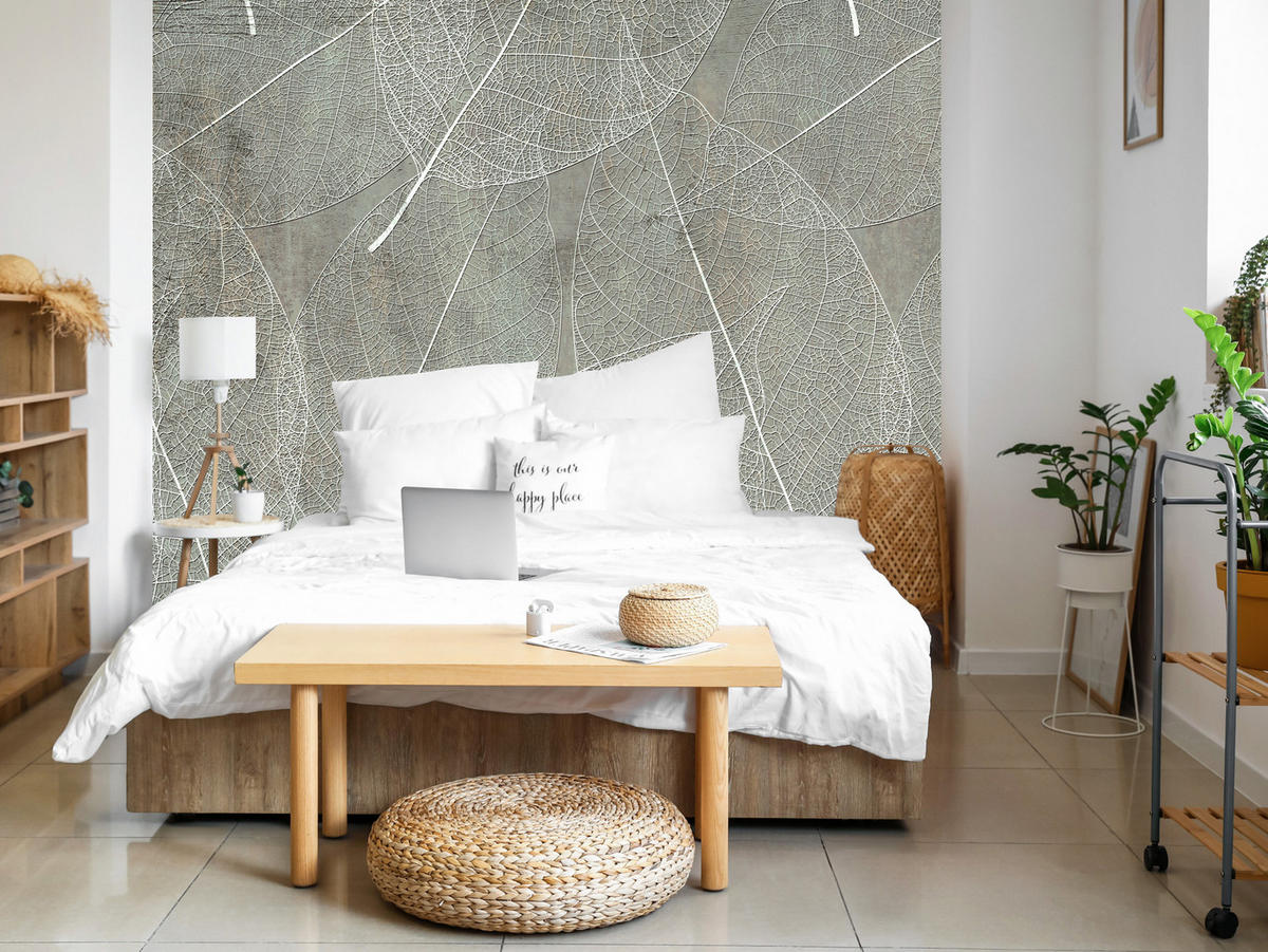 FOTOTAPETE für Wohnzimmer Weiße Blätter auf Beton Minimal 250x175 - Weiß/Grau, Papier (250/175cm) - Muralo