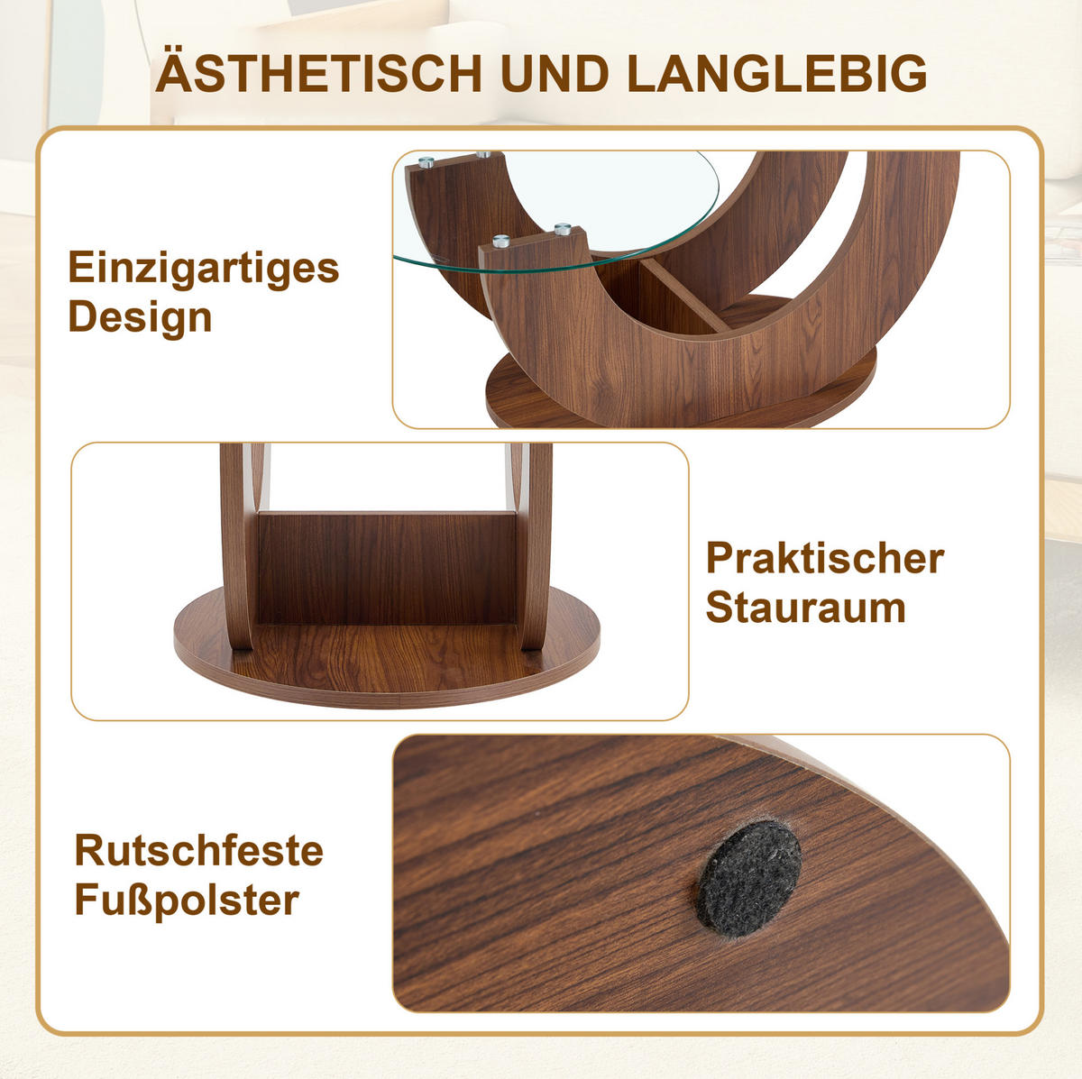 RUNDER Couchtisch 80,8/66,8/49,8 cm mit 2 Glasplatten und offenem Stauraum, Transparent/Walnuss - Transparent, Holzwerkstoff (80.8/66.8/49.8cm) - Redom