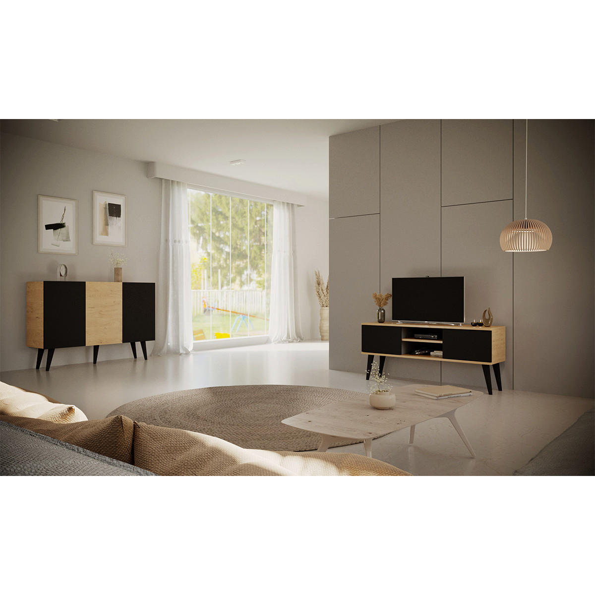 TV-MÖBEL Toronto Schwarz und Holz - Schwarz/Braun, Holzwerkstoff (120/35/55cm) - Petits-meubles
