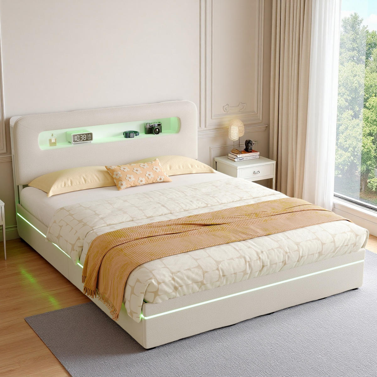 POLSTERBETT 160x200 cm Beige Samt LED USB Ablage Bettkasten - Beige, Holz (160/200cm) - SHOPENTRA