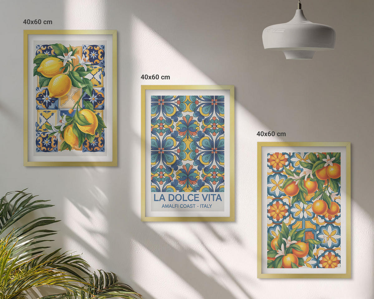 BILDER SET 3er Set - 40x60 cm Goldrahmen - Zitronen-Orangenblütenmuster - Goldfarben, Kunststoff (40/60cm) - TULUP