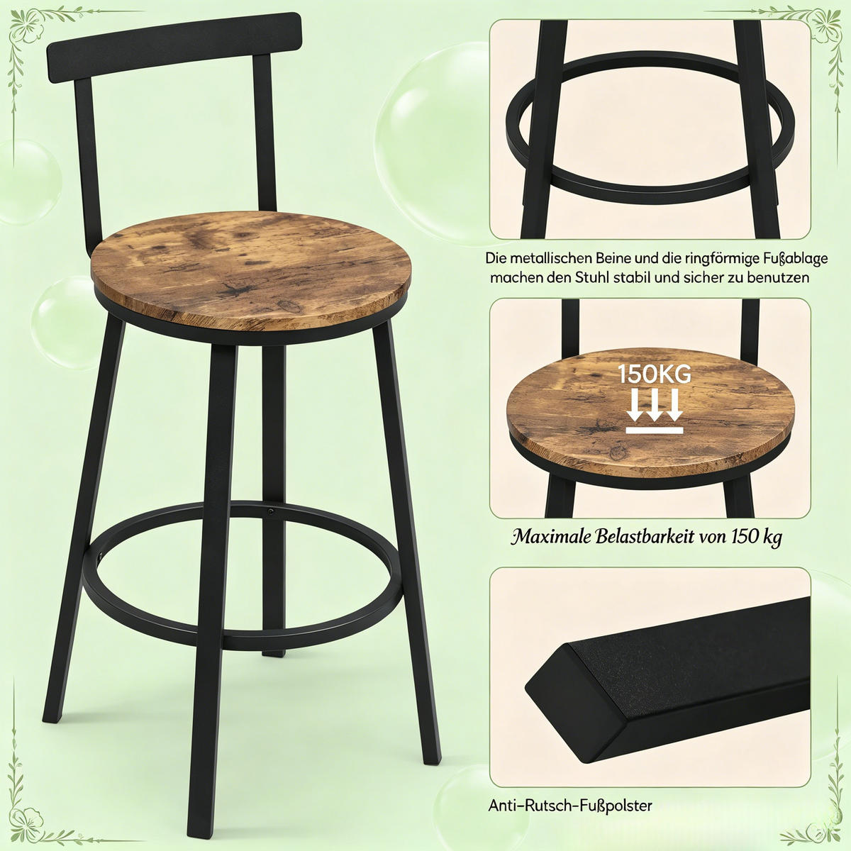 BARHOCKER DE-36180 2er Set mit Metallrahmen und Holz-Sitz Braun - Braun, Metall (51.5/89/51.5cm) - ComfortXL