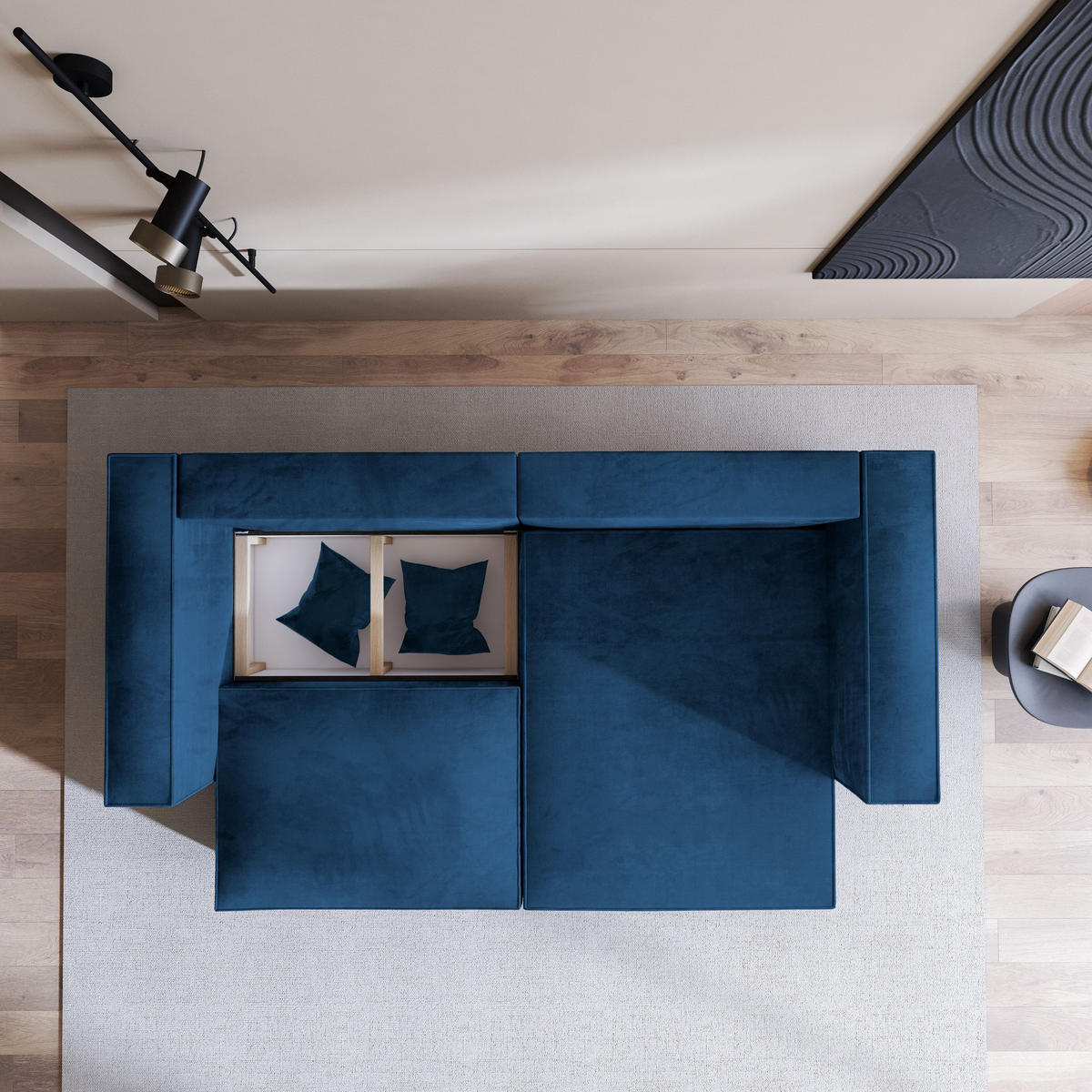 ECKSOFA NERIO M Blau Velours-Stoff mit Schlaffunktion - Blau, Holz (245/148cm) - MASSENO