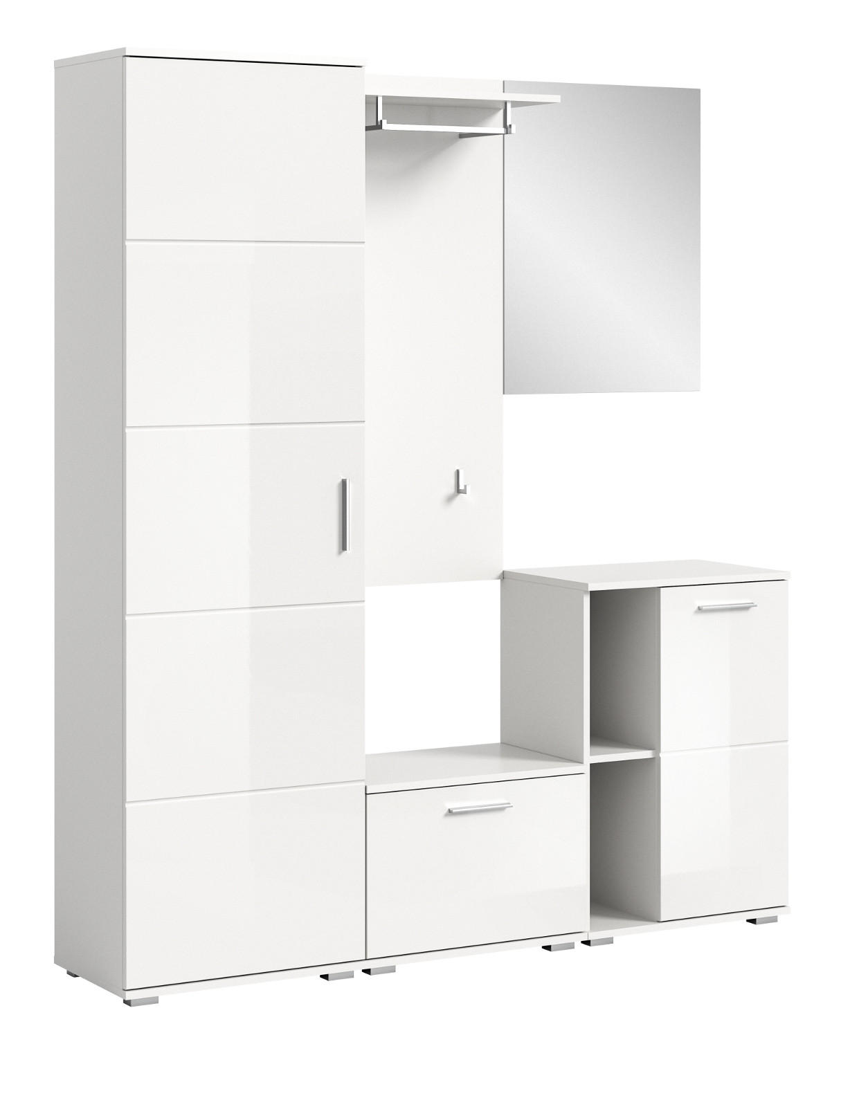 GARDEROBE SET 5-teilig weiß Hochglanz 165 cm, Kombination mit viel Stauraum - Weiß Hochglanz/Silberfarben, Glas/Holzwerkstoff (165/191/37cm) - Inn.Furn