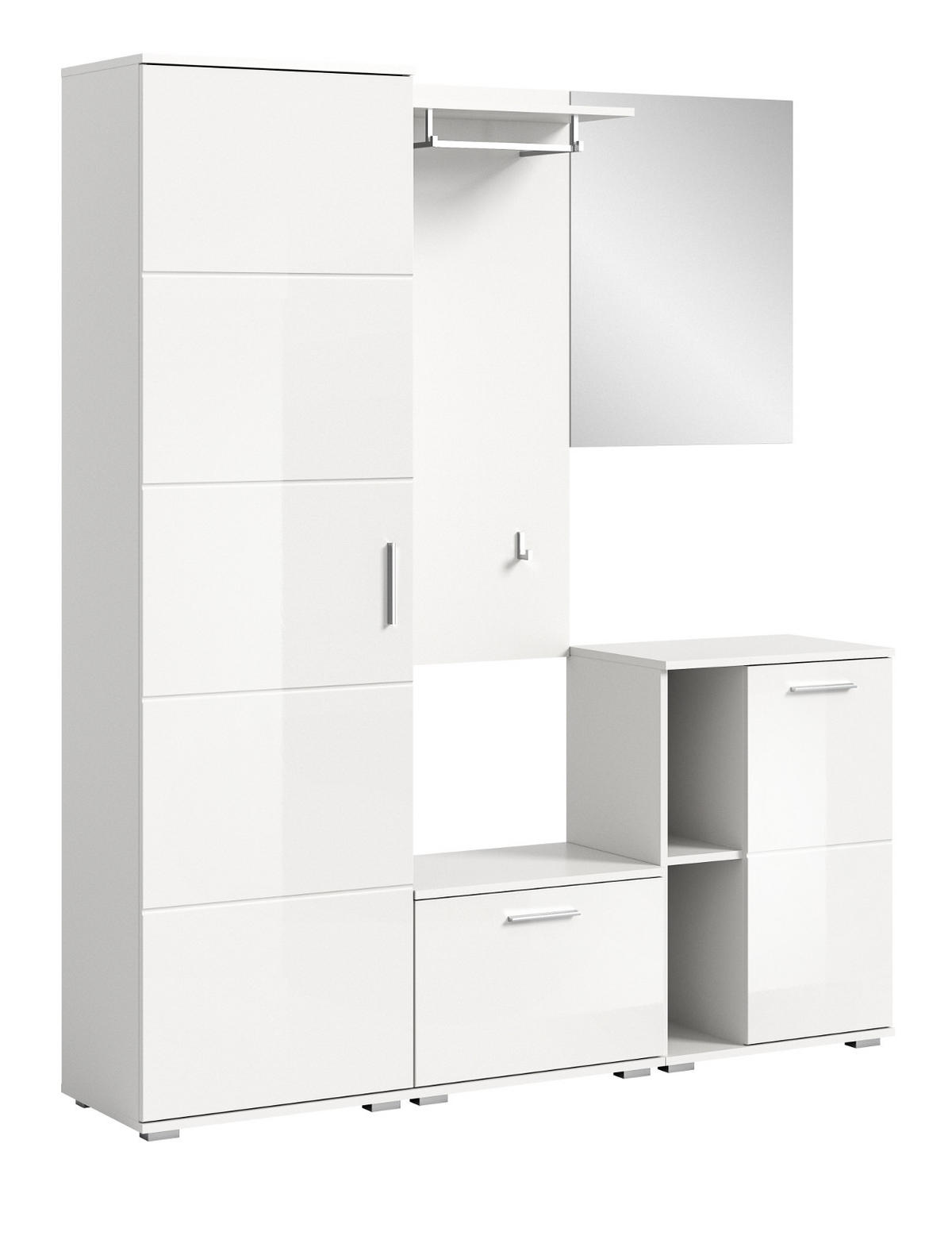 GARDEROBE SET 5-teilig weiß Hochglanz 165 cm, Kombination mit viel Stauraum - Weiß Hochglanz/Silberfarben, Glas/Holzwerkstoff (165/191/37cm) - Inn.Furn