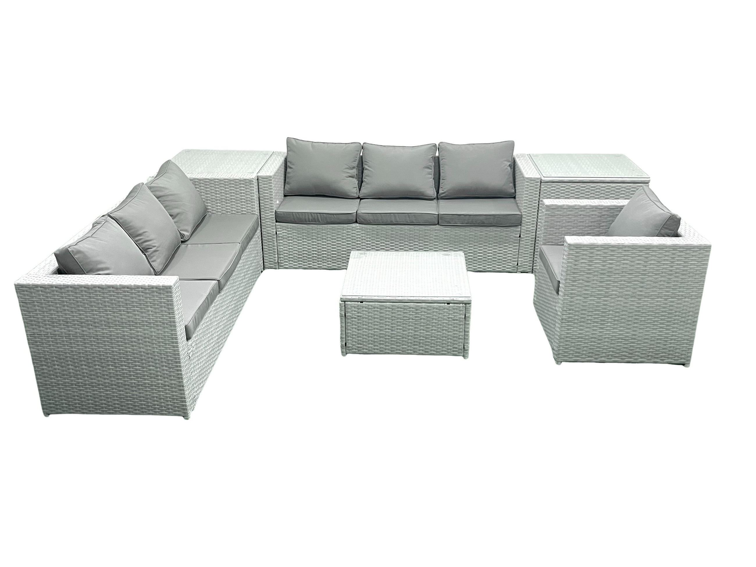 GARTENMÖBEL-SET mit Kissen Polyrattan Hellgrau-Mix 7-Sitzer - Hellgrau/Grau, Glas/Kunststoff - Fimous