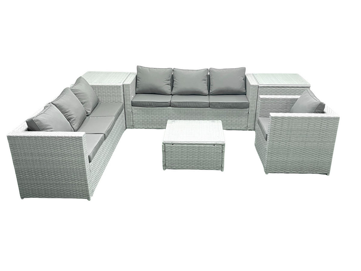 GARTENMÖBEL-SET mit Kissen Polyrattan Hellgrau-Mix 7-Sitzer - Hellgrau/Grau, Glas/Kunststoff - Fimous