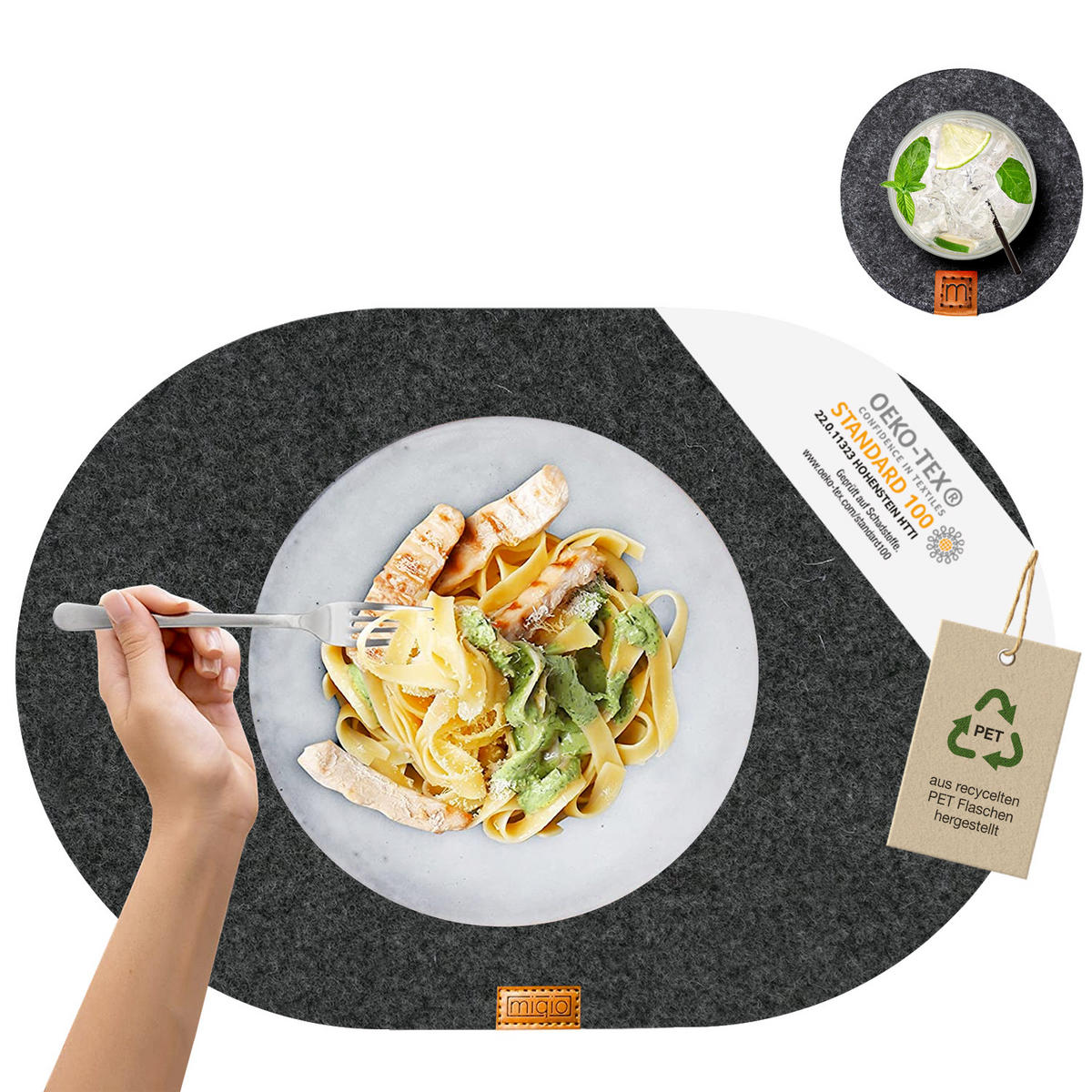 TISCHSETS Glasuntersetzer 12er-Set - Dunkelgrau, Textil (44/29/3cm) - Miqio Design