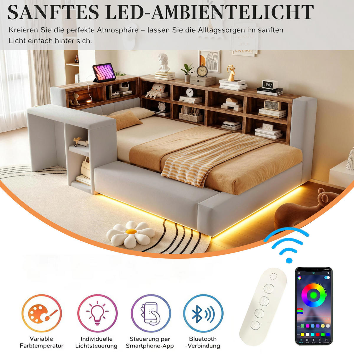 POLSTERBETT 90/200 cm in Hellgrau mit Stauraum, LED, Steckdosen, Beistelltisch und gepolstertem Kopfteil aus Samtstoff - Grau, Holzwerkstoff/Textil (90/200cm) - STILVORA