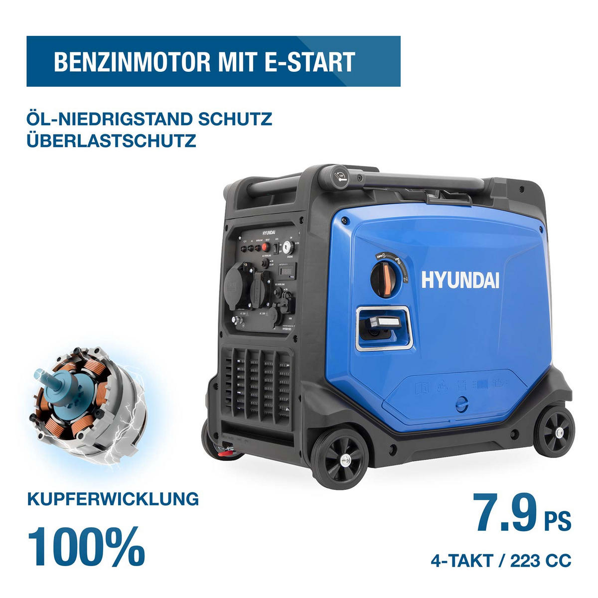 HYUNDAI Inverter Stromerzeuger HY5501SEi 5,5 kW Benzin Stromgenerator mit E-Start, 5,0 kW Dauerleistung, 230 V, 12 V, USB, Notstromaggregat - Blau, Metall (60/40/53cm) - HYUNDAI