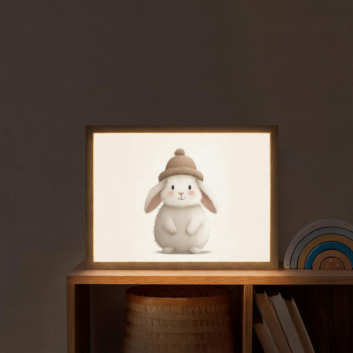 NÁSTĚNNÁ LAMPA S AKUMULÁTOREM Králík - Klobouk - Uši - béžový 40x30 cm - krémová, kompozitní dřevo (40/30/8cm) - OnlyWow