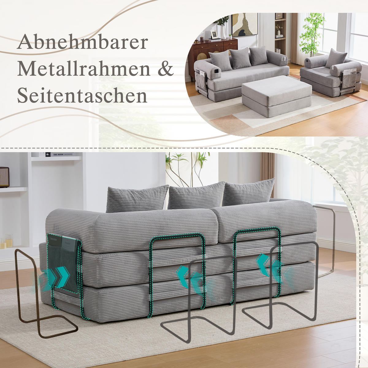 SITZGARNITUR DE-33801 modular mit Hocker Hellgrau - Hellgrau, Metall (200/67/190cm) - ComfortXL