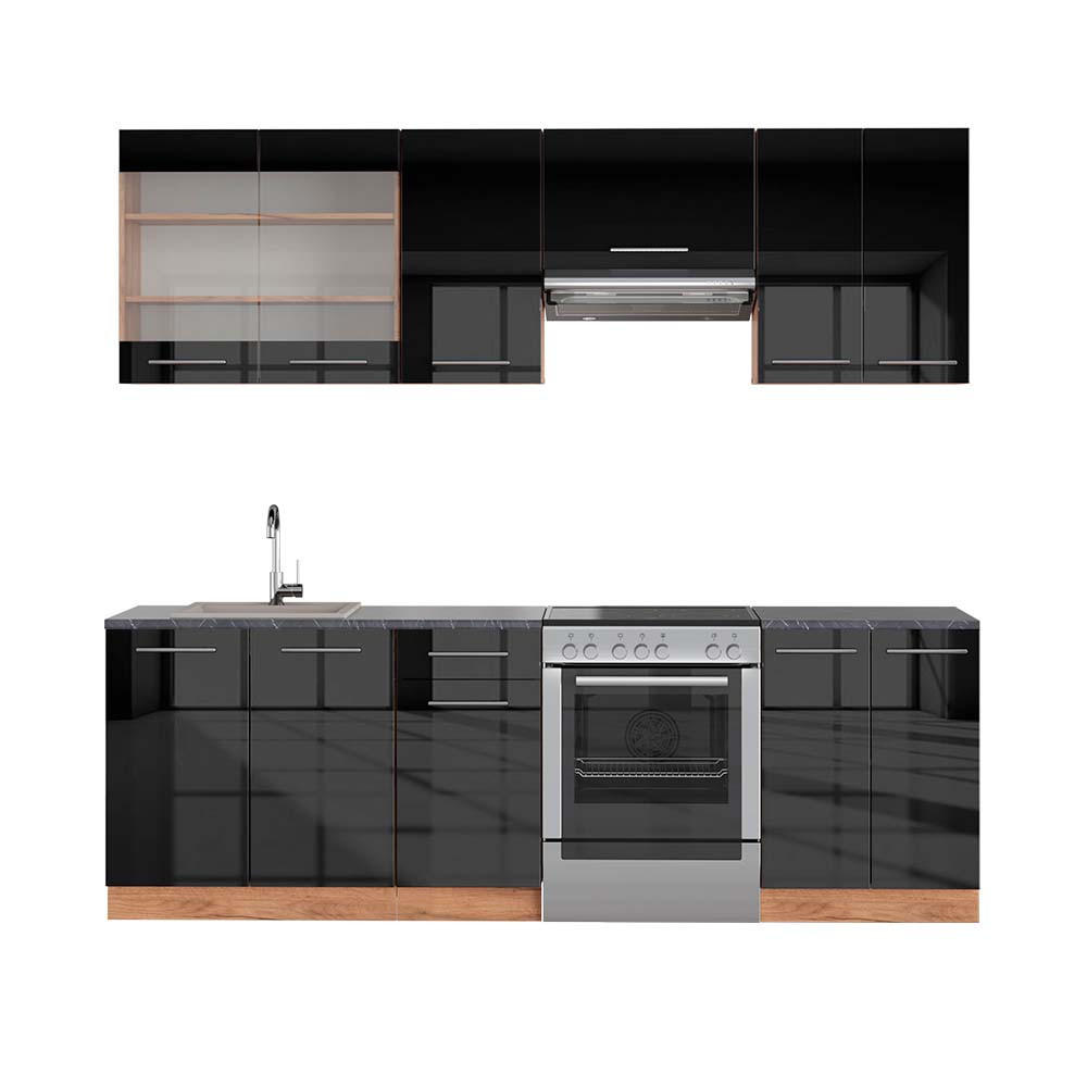 KÜCHENZEILE Fame-Line Anthrazit Hochglanz/Goldkraft Eiche 240 cm AP Anthrazit - Honigeiche/Anthrazit, Holzwerkstoff (240/81.6/60cm) - Vicco