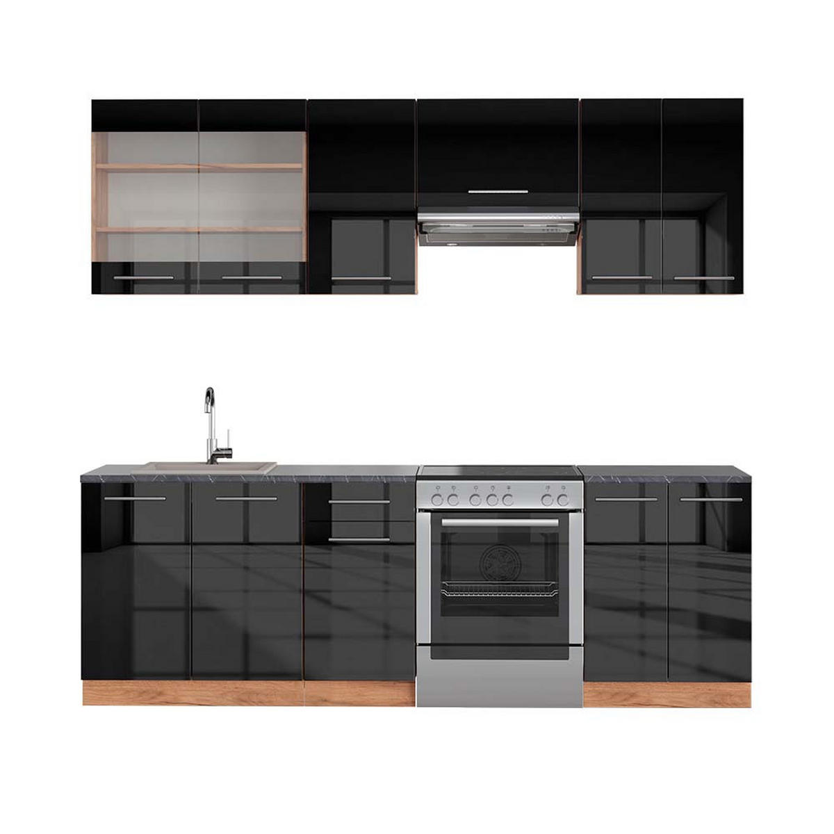 KÜCHENZEILE Fame-Line Anthrazit Hochglanz/Goldkraft Eiche 240 cm AP Anthrazit - Honigeiche/Anthrazit, Holzwerkstoff (240/81.6/60cm) - Vicco