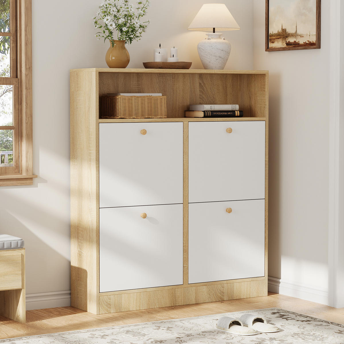 SCHUHSCHRANK mit 4 Klappen 90/24/104,5 cm in Weiß/Natur, schmales Design - Naturfarben, Holzwerkstoff (90/104.5/24cm) - BEAOK