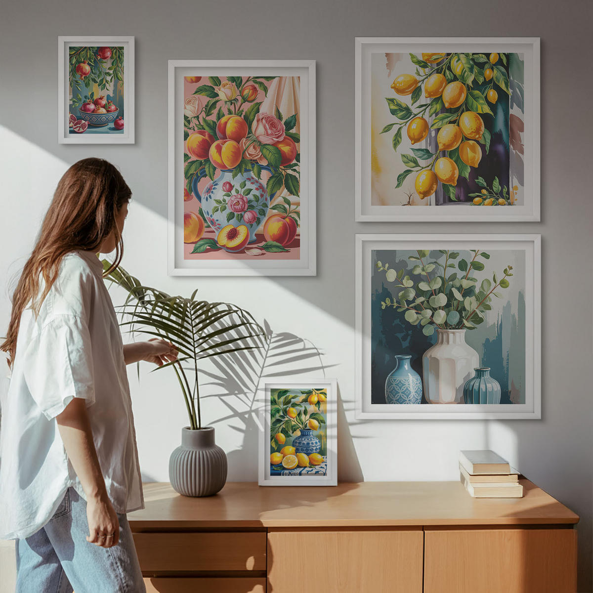 WANDBILDER 5er-Set - 50x50 cm & 20x30 cm & 40x60 cm Weißer Rahmen - Amalfi-Zitronen und -Orangen - Weiß, Kunststoff (40/60cm) - ArtPrintCave