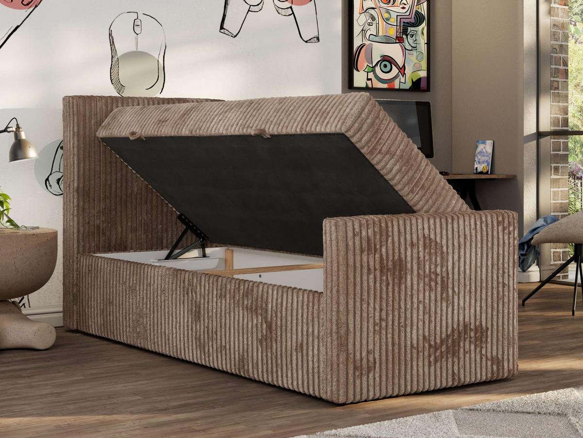 JUGENDBETT TILIO DUO 90/200 - Braun Cord - H4 - Links Seite - Braun, Textil (90/200cm) - MKS