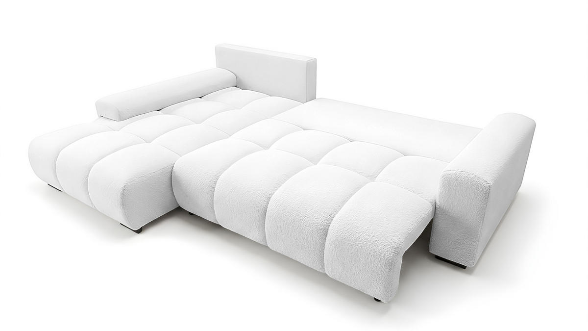 ECKSOFA Ovia mit Bettkasten und Schlaffunktion, Bouclé-Stoff in L-Form - Weiß, Textil (270/185cm)