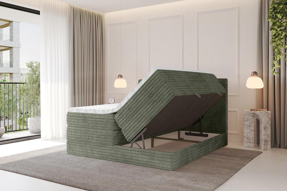 BOXSPRINGBETT mit Matratze H3|H4 und Lattenrost - TOLO KING-v1 200x200 Cord - Olive - Olivgrün, Holzwerkstoff (200/200cm)