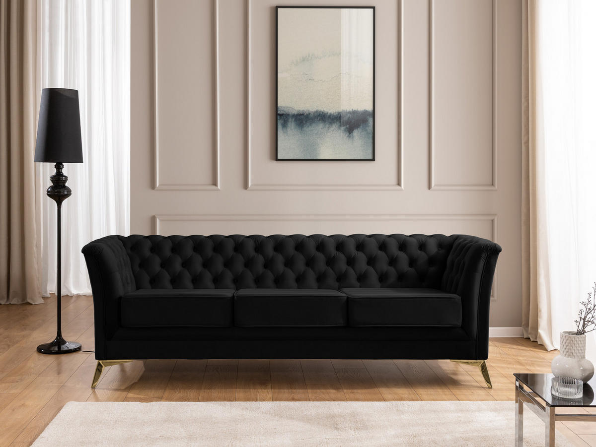 SITZGARNITUR 3+2+1 Chesterfield Whitby Schwarz Samt mit goldenen Füßen - Goldfarben/Schwarz, Holz/Textil (237/78/82cm) - S-Style Möbel