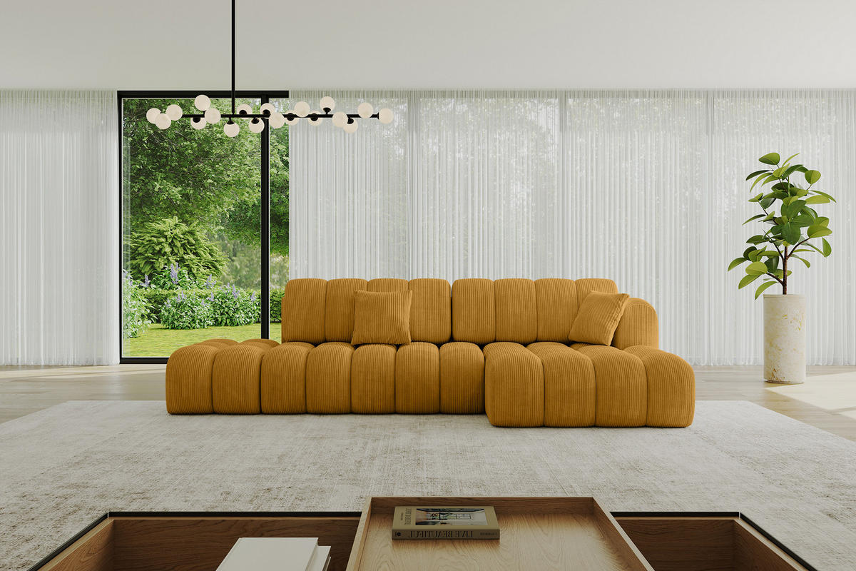 ECKSOFA mit Schlaffunktion Ottomane RECHTS OLEA-L2 321x164x75 Senfgelb Cord - Schwarz/Honig, Holzwerkstoff/Kunststoff (164/321cm) - ALTDECOR
