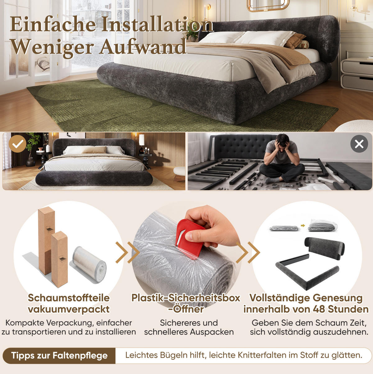 POLSTERBETT aus Chenille 140x200 cm Grau mit Lattenrost und gepolstertem Kopfteil - Grau, Textil (140/200cm) - Modfu
