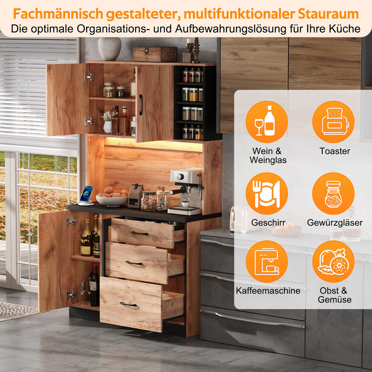 BUFFET 105/40/180 cm Neutral mit LED-Beleuchtung, verstellbaren Einlegeböden und 3 Schubladen - Naturfarben, Holz (105/180/40cm) - Oxeza