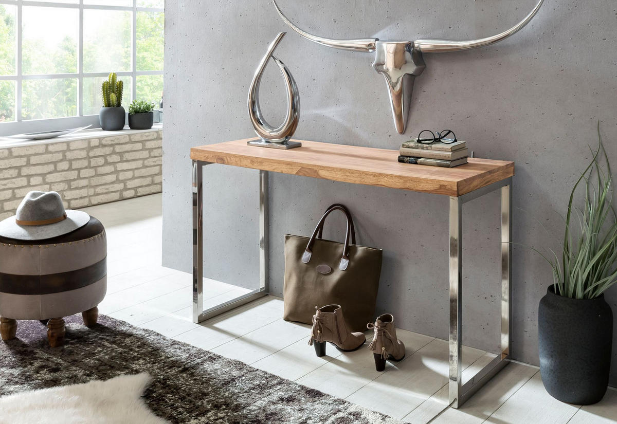 KONSOLENTISCH Massivholz Chromgestell Handgefertigt ISEN, Beige 120x45x77 cm - Beige/Silberfarben, Holz/Metall (45/120/77cm) - KADIMA DESIGN